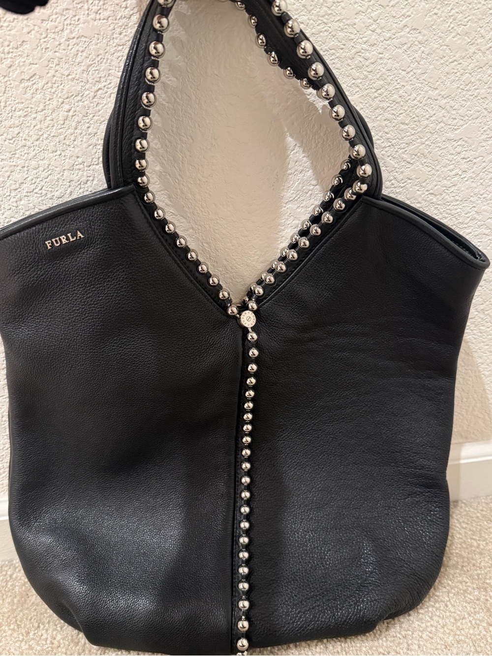 Furla Black Leather Shoulder Bag with Silver Stud Trim